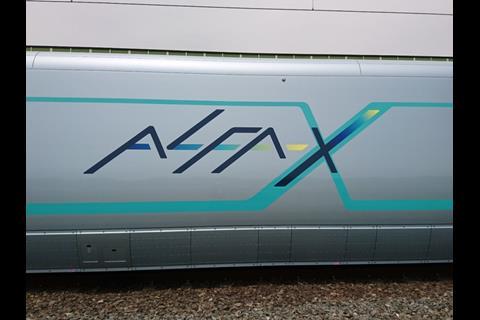 The ALFA-X logo is prominently displayed on the monitoring vehicle Car 5 (Photo: JR East).